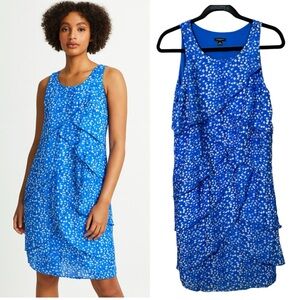 Ann Taylor Women’s Silk Blue Dot Ruffle Tiered Zip Dress Short Knee Length Sz 10